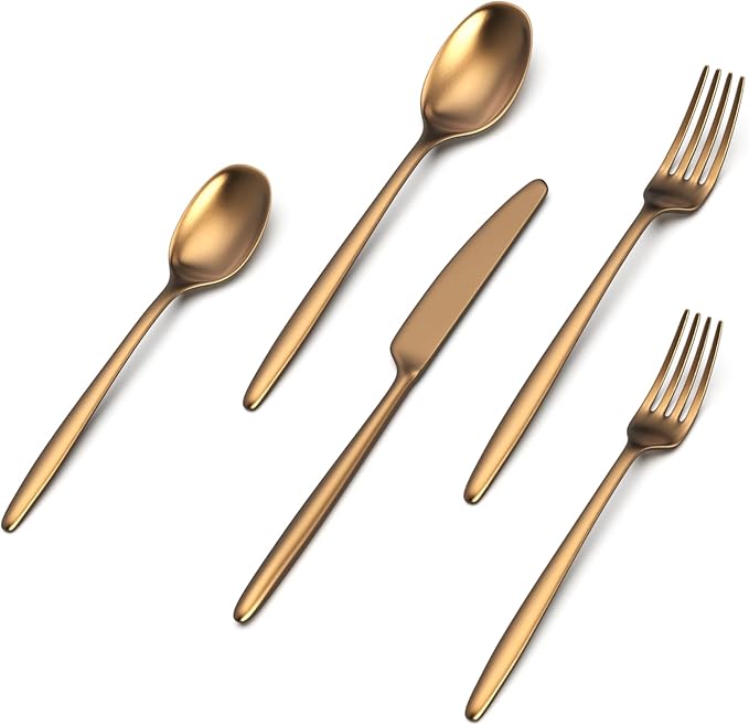 JazzUpCo Ava Flatware Flatware non toxic 18/10 stainless steel dishwasher safe (Matte Gold, 12 Person Set (60 Pieces))