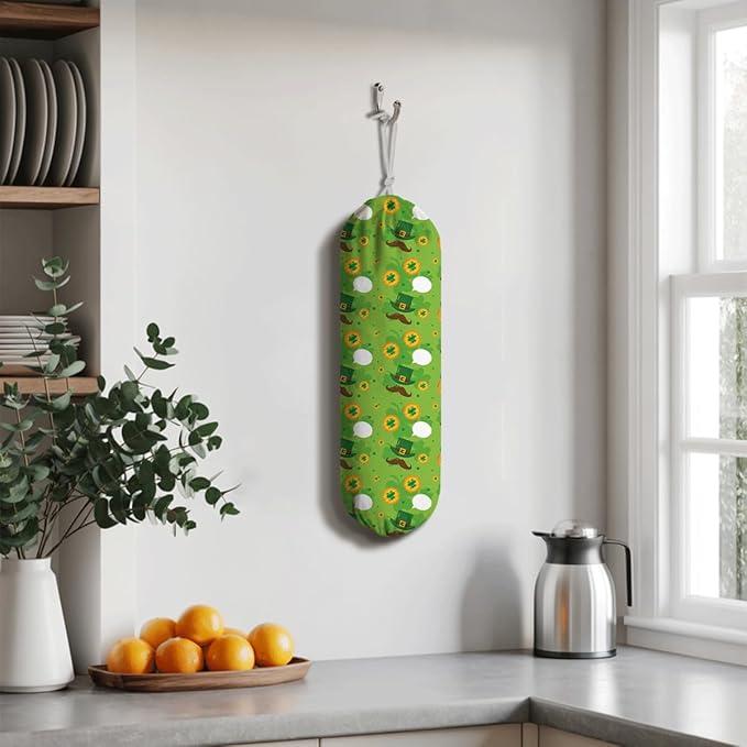 Plastic Bag Holder, Wall Mount Grocery Sack Organizer Dispenser, Washable Cotton-Linen Storage with Hanging Loop, St. Patrick’s Day Green Hat, Clover & Coin Design for Kitchen Pantry