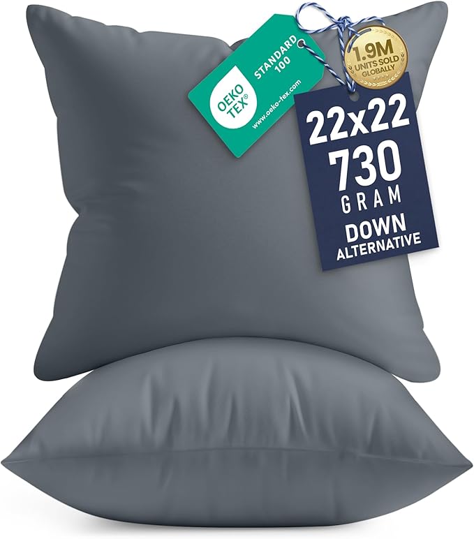 Utopia Bedding 22x22 Pillow Inserts, Set of 2, Grey – Indoor Decorative Throw Pillows for Bed, Sofa & Couch – Soft, Supportive & Fluffy Cushion Inserts