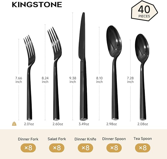 KINGSTONE Black Silverware Set, 40-Piece Flatware Cutlery Set Premium Stainless Steel, Service for 8, for Kitchen, Home, Wedding, Party, Mirror Polished and Dishwasher Safe
