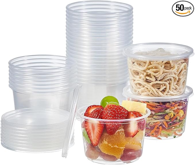 [50 Set - 16 oz. Plastic Deli Disposable Food Storage Containers With Airtight Lids (Formerly FULING)