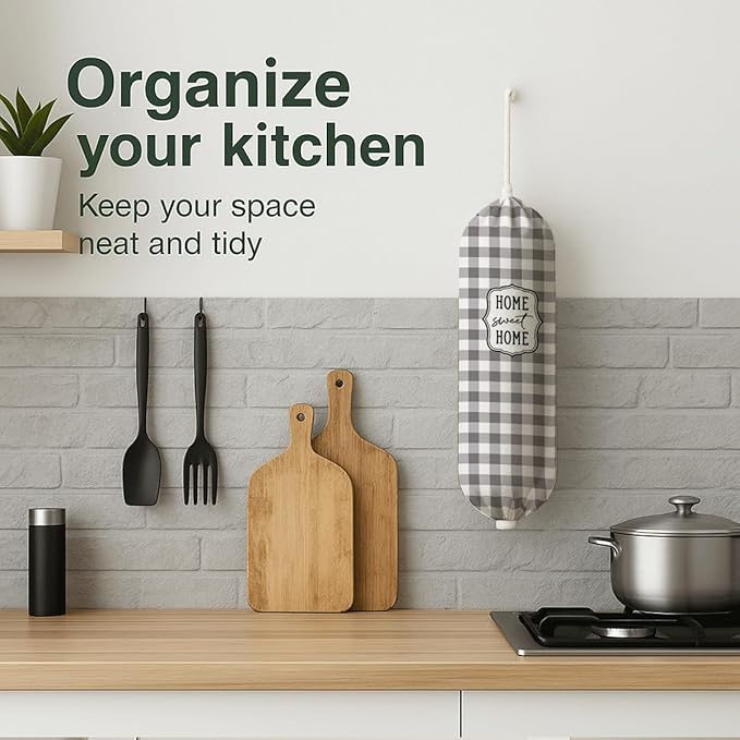 Plastic Bag Holder, Home Sweet Home Plastic Bag Holder for Kitchen Essentials, Gray and White Grid Bags Holders for Plastics Bags Groceries Store, Kitchen Gifts to Women Family Friends