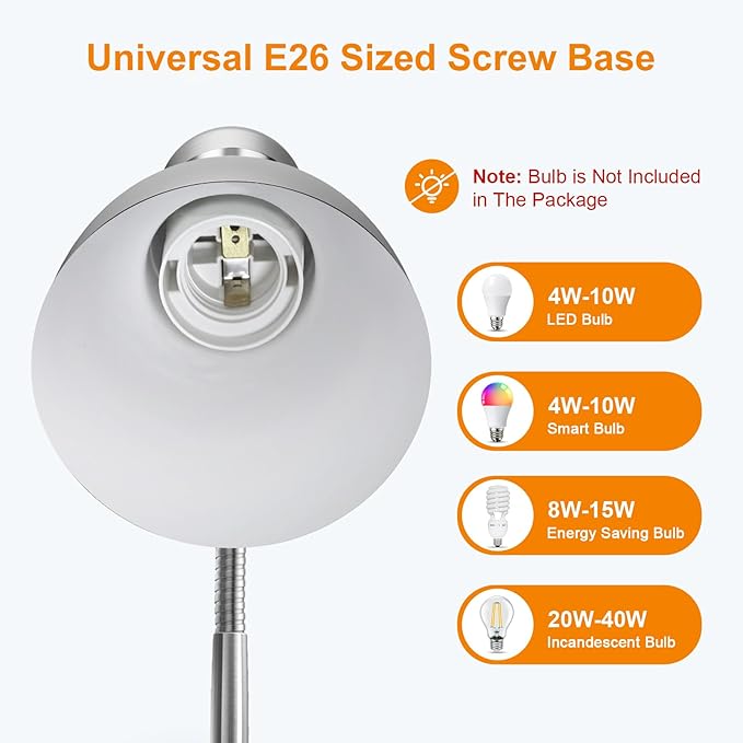 LEPOWER Metal Desk Lamp, Adjustable Goose Neck Table Lamp, Eye-Caring Study Desk Lamps for Bedroom, Study Room and Office (Silver)