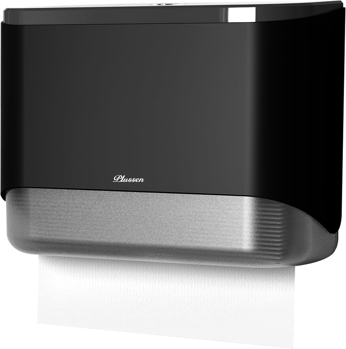 Commercial Paper Towel Dispenser Wall Mount C-Fold Multifold Trifold Towels Dispenser for Bathroom，Two Key Lock Design No-Drilling Adhesive & Screws Included, ABS Built (Black-PN6012)