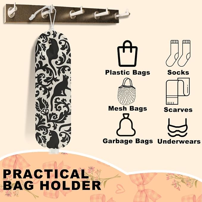 2Pcs Black White Floral Cat Plastic Bag Holder, Wall Mount Grocery Bag Holder for Plastic Bags, Mysterious Cats Reusable Grocery Bags Storage Dispenser for Home Kitchen Decor, Cat Lover Gifts