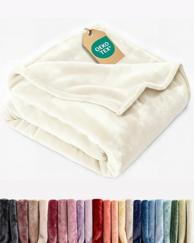 Ultra Soft Fleece Blanket Queen Size - Flannel Fleece Luxury Queen Blanket - Lightweight for Couch Bed Chair - Thick, Warm and Breathable - All Season Cozy Fuzzy, Anti-Static Microplush Bedding, Ivory