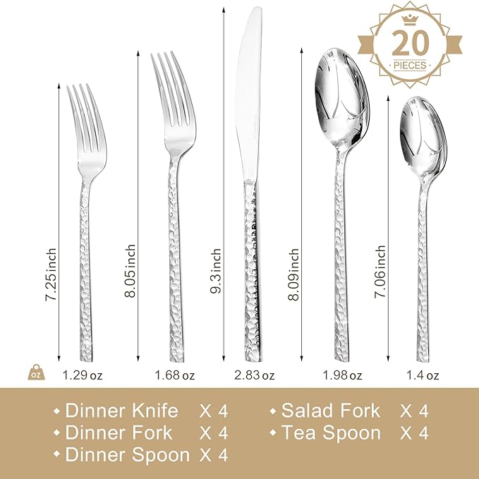 KINGSTONE 20 Piece Hammered Silverware Set, 18/10 Stainless Steel Flatware Set for 4, Cutlery Set for Home, Party, Wedding, Mirror Polished Dishwasher Safe