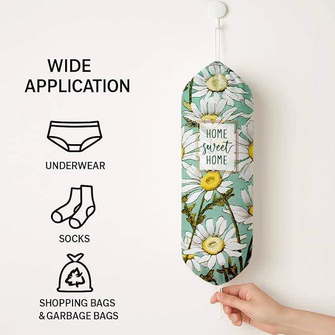 Daisy Plastic Bag Holder, Home Sweet Home Plastic Bag Holder, Bags Holders for Plastics Bags Groceries Store, Floral Reusable Grocery Sack Storage Dispenser for Kitchen Decor