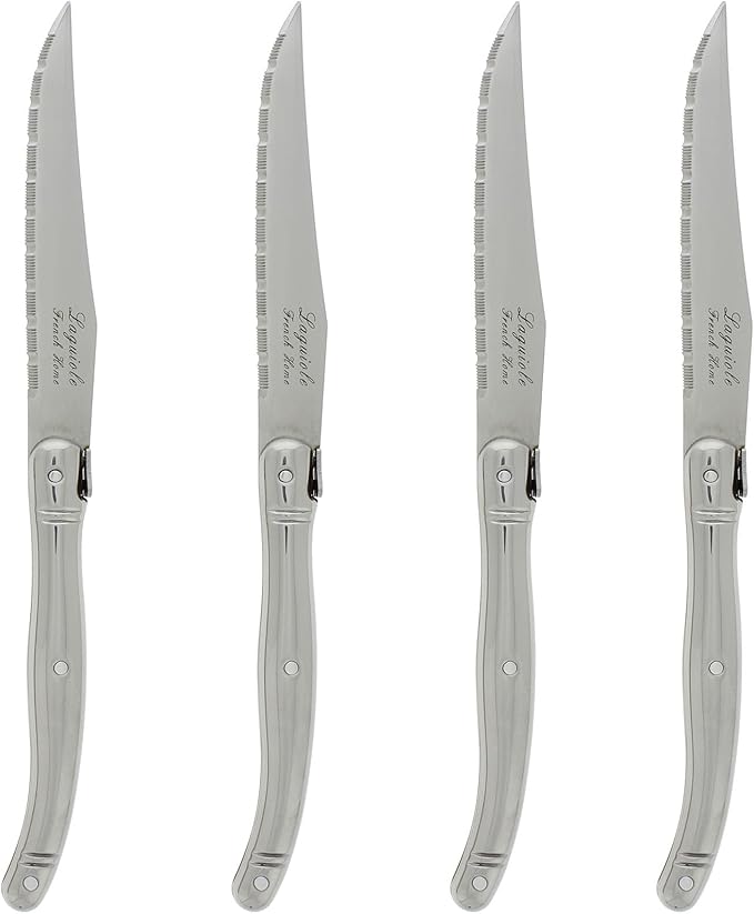 French Home Laguiole 4-Piece Steak Knife Set – Sophisticated Stainless Steel Dinner Knives with Iconic Bee Emblem – Serrated Knives for Smooth Cutting (9.25")