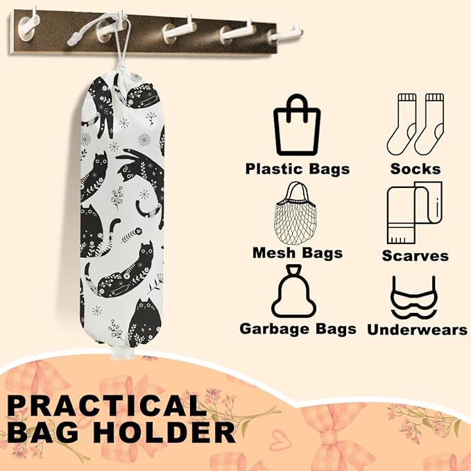 Black White Floral Cat Plastic Bag Holder, Wall Mount Grocery Bag Holder for Plastic Bags, Vibrant Cats Reusable Grocery Bags Storage Dispenser for Home Kitchen Decor, Cat Lover Gifts for Women