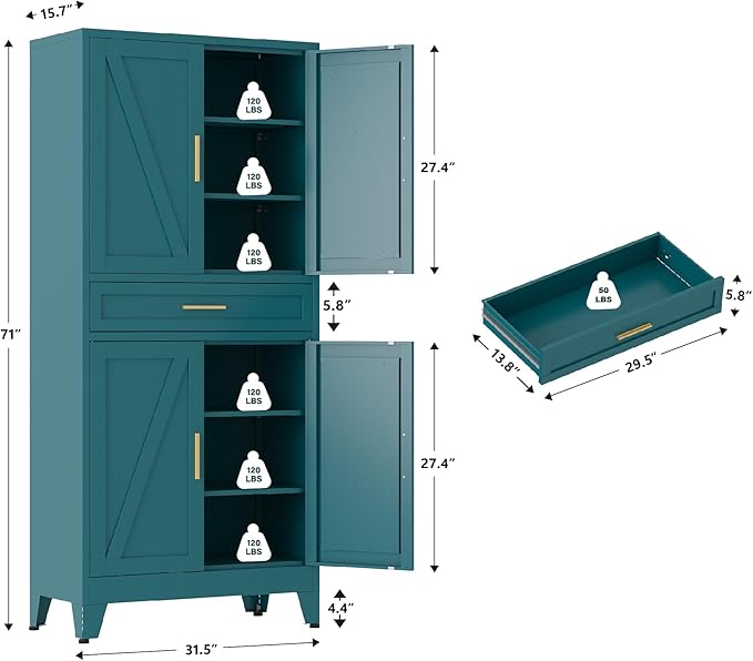 71" Pantry Cabinet in Blue, with 4 Doors & Center Drawer,Max Organization Storage Cabinet with Adjustable Shelves, Freestanding Farmhouse Storage Cupboard for Spacious Kitchen, Dining Room