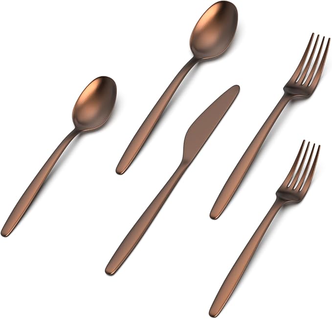 JazzUpCo Tia Flatware non toxic 18/10 stainless steel dishwasher safe (Matte Rose Gold, 12 Person Set (60 Pieces))