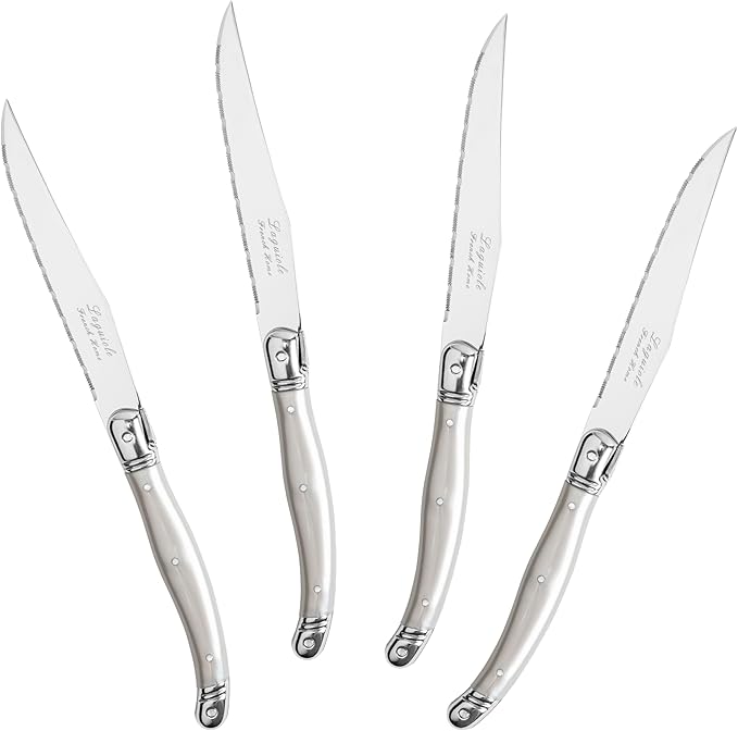 French Home Laguiole 4-Piece Steak Knife Set – Sophisticated Stainless Steel Dinner Knives with Pewter Handles & Iconic Bee Emblem – Serrated Knives for Smooth Cutting (9.25")