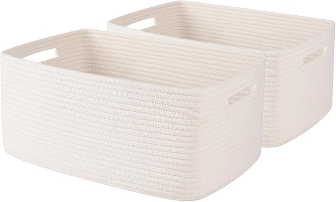 OIASKET Large Storage Basket for Organizing, Woven Rope Basket for Shelves, Closet Organizer Bins for Clothes, Blanket, Toys, Baby Nursery Storage, 17.7" x 13" x 7.87", 2 Packs White