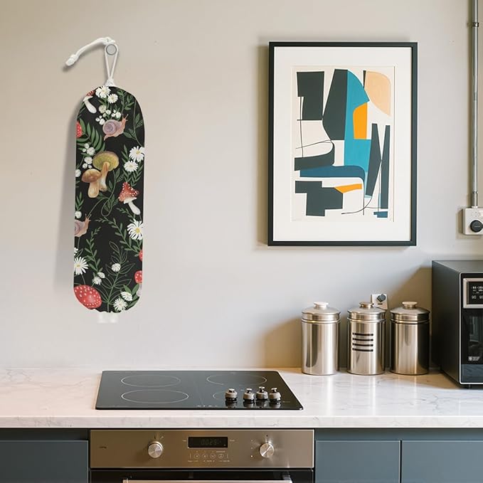 Vibrant Mushroom Plastic Bag Holder for Kitchen Essentials, Snail Floral Grocery Bag Holder for Plastic Bags, Washable Shopping Bags Storage Dispenser for Home Kitchen, Mushroom Gifts for Women