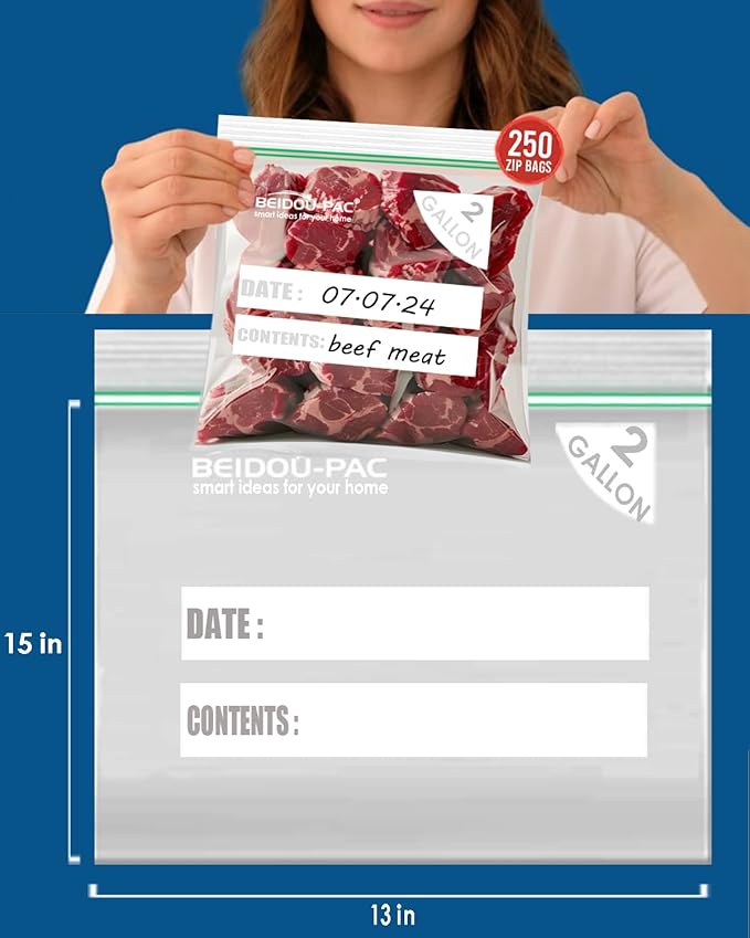 2 Gallon Large Food Storage Freezer Bags, 250 Count | Double Zipper |13" * 15", Freshness Easy Open Reclosable Clear Plastic Bags