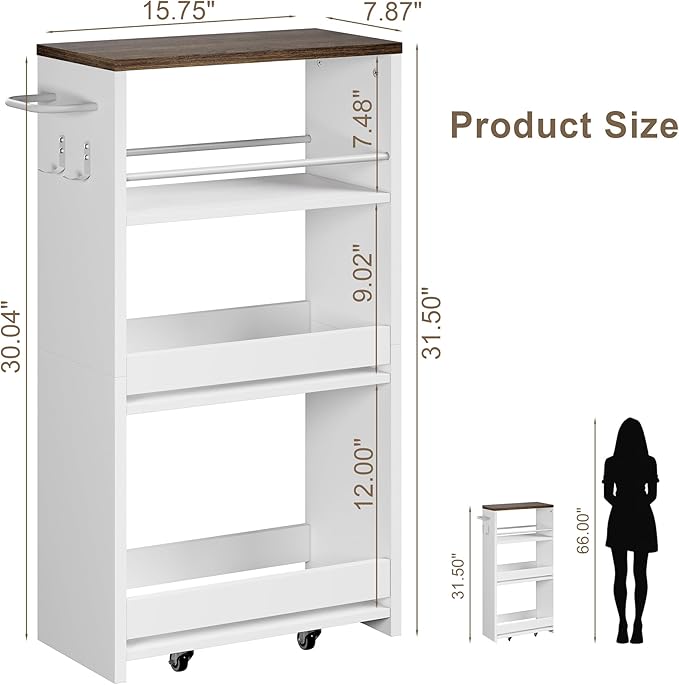 ChooChoo 4-Tier Slim Storage Cart with Handle, 7.87" W Rolling Utility Cart on Universal Wheels, Kitchen Cart Mobile Shelving Organization for Laundry Room, Bathroom & Narrow Places (Walnut & White)