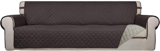 PureFit Reversible Quilted Sofa Cover, Water Resistant Slipcover Furniture Protector, Washable Couch Cover with Non Slip and Elastic Straps for Kids, Dogs, Pets (XX Large, Chocolate/Beige)