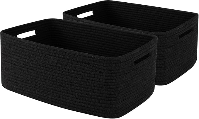 OIASKET Large Storage Basket for Organizing, Woven Rope Basket for Shelves, Closet Organizer Bins for Clothes, Blanket, Toys, Baby Nursery Storage, 17.7" x 13" x 7.87", 2 Packs Black