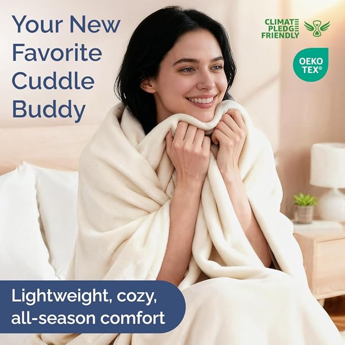 Ultra Soft Fleece Blanket Throw Size - Flannel Fleece Luxury Throw Blanket - Lightweight for Couch Bed Chair - Thick, Warm and Breathable - All Season Cozy Fuzzy, Anti-Static Microplush Bedding, Cream