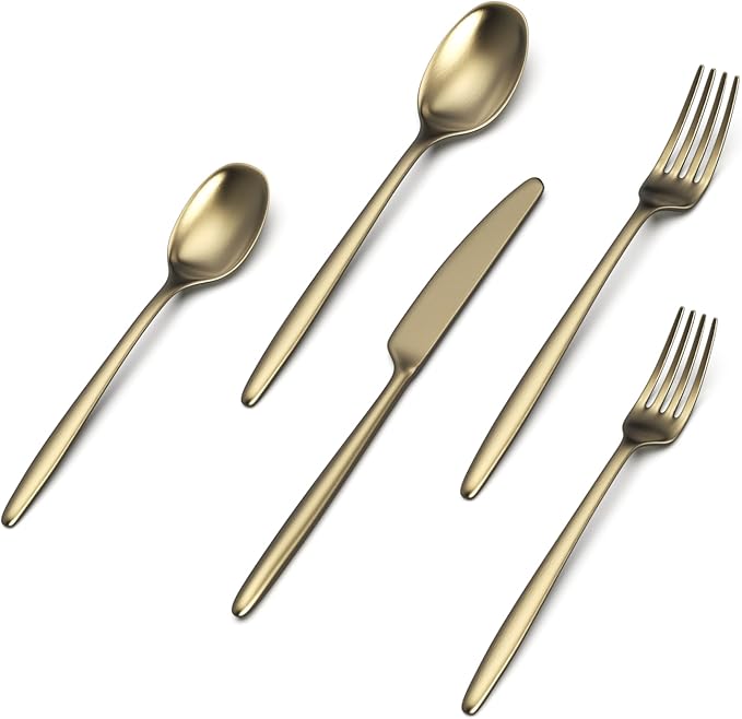 JazzUpCo Ava Flatware Flatware non toxic 18/10 stainless steel dishwasher safe (Matte Champagne Gold, 8 Person Set (40 Pieces))