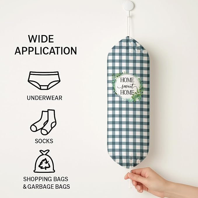 Plastic Bag Holder, Home Sweet Home Plastic Bag Holder for Kitchen Essentials, Blue and White Grid Bags Holders for Plastics Bags Groceries Store, Reusable Hanging Trash Sack Dispenser