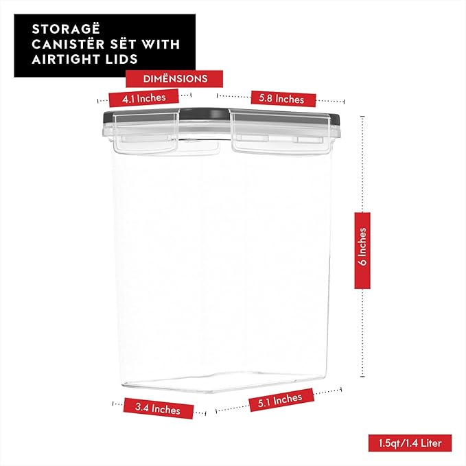 DWËLLZA KITCHEN Airtight Food Storage Container Set - 8 Pieces 1.4L - Plastic BPA Free Kitchen Pantry Storage Containers - Dishwasher Safe - Include 8 Labels - Keeps Food Fresh & Dry