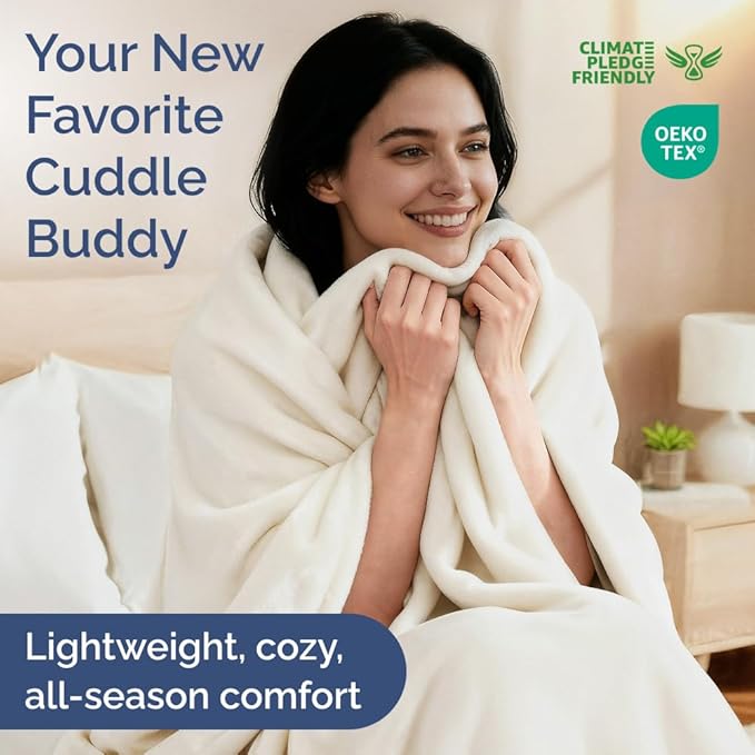 Ultra Soft Fleece Blanket Queen Size - Flannel Fleece Luxury Queen Blanket - Lightweight for Couch Bed Chair - Thick, Warm and Breathable - All Season Cozy Fuzzy, Anti-Static Microplush Bedding, Ivory