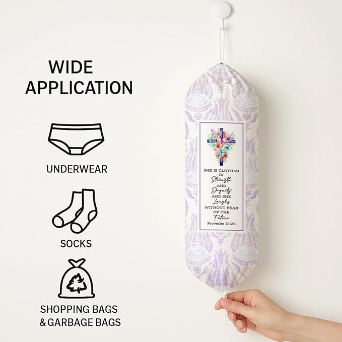 Plastic Bag Holder, Proverbs 31:25 Plastic Bag Holder, Reusable Trash Bags Dispenser, Christian Kitchen Gifts for Women Inspirational Plastics Bags Holders with Bible Verse