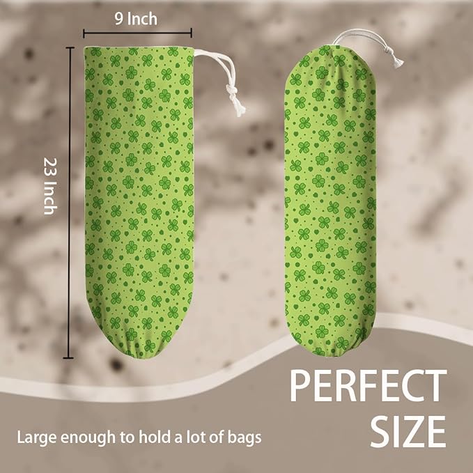 Reusable Grocery Bag Holder, Wall Mounted Organizer Dispenser, Washable Cotton-Linen Storage, St. Patrick’s Day Green Clover & Lucky Shamrock Design, Lucky Pattern for Kitchen Pantry or Cabinet