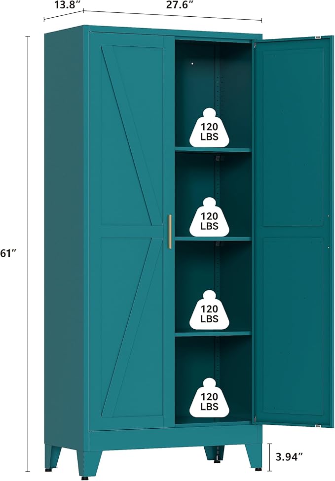 61" Tall Compact Storage Cabinet, Space-Saving 27.5" Wide Pantry in Blue with 2 Doors & 3 Shelves,Freestanding for Small Kitchen, Apartment, Narrow Hallway
