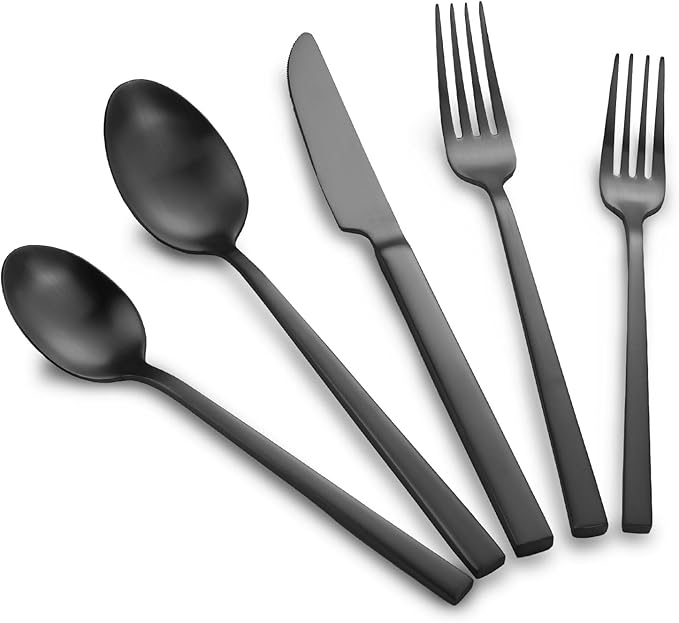 Stainless Steel Flatware Set Hand Forged 18/10 Silverware Set Matte Black Cutlery Set with Cuboid Handle Matte Finished 60 Pieces Home Event Use Wedding Housewarming Gift Service for 12