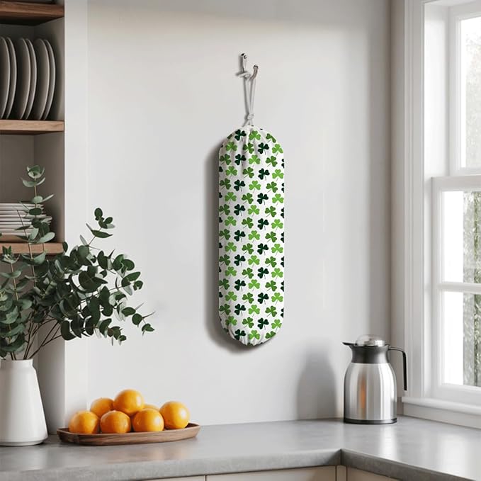 Plastic Bag Holder, Wall Mount Grocery Sack Organizer Dispenser, Washable Cotton-Linen Storage with Hanging Loop, St. Patrick’s Day Green Clover Design, Lucky Shamrock Pattern for Kitchen