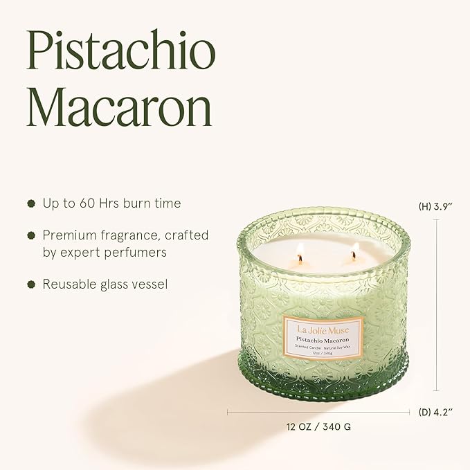 LA JOLIE MUSE Pistachio Macaron Candle | Pistachio, Milk & Vanilla | 12 oz Double Wick Soy Candle | Natural Soy Wax | 60 Hours Clean Burn | Holiday Gift for Dessert Lovers | Seasonal Home Décor