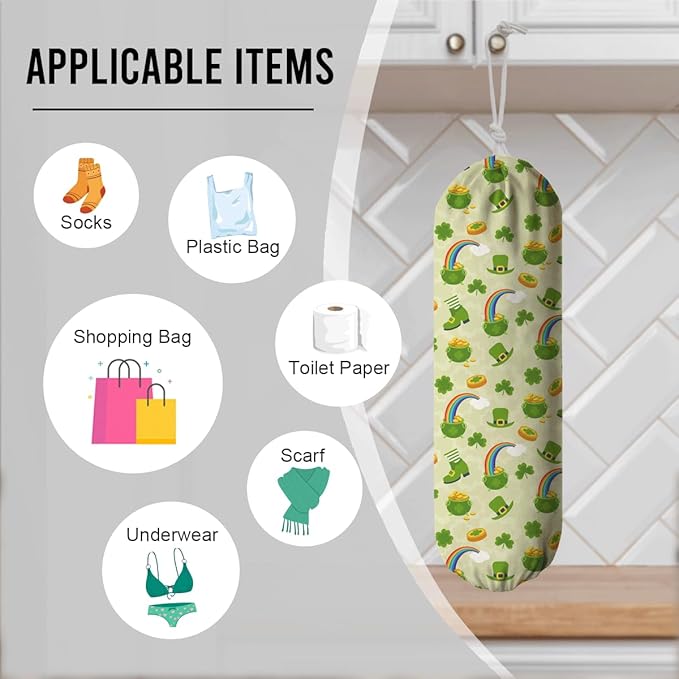 Plastic Bag Holder, Wall Mount Grocery Sack Organizer Dispenser, Washable Cotton-Linen Storage with Hanging Loop, St. Patrick’s Day Lucky Clover & Rainbow Theme, Fun Irish Decor for Kitchen