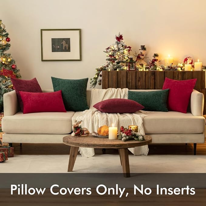 MIULEE Pack of 2 Christmas Green Throw Pillow Covers 16x16 Inch Soft Chenille Pillow Covers for Sofa Living Room Couch Solid Dyed Cases
