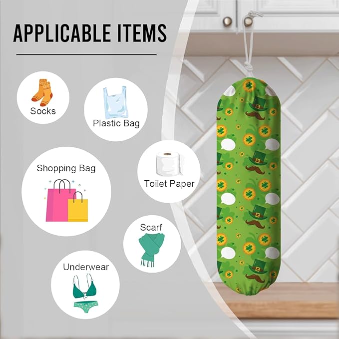 Plastic Bag Holder, Wall Mount Grocery Sack Organizer Dispenser, Washable Cotton-Linen Storage with Hanging Loop, St. Patrick’s Day Green Hat, Clover & Coin Design for Kitchen Pantry