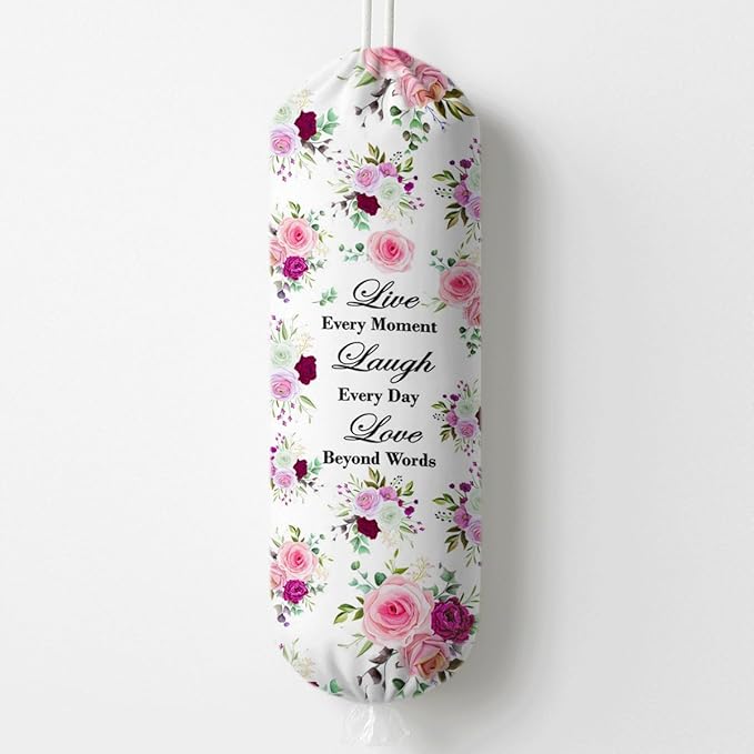 Plastic Bag Holder, Live Every Moment Laugh Every Day Love Beyond Words Plastic Bag Holder for Kitchen Essentials, Reusable Hanging Grocery Sack Dispenser, Floral Trash Sack Storage Dispenser