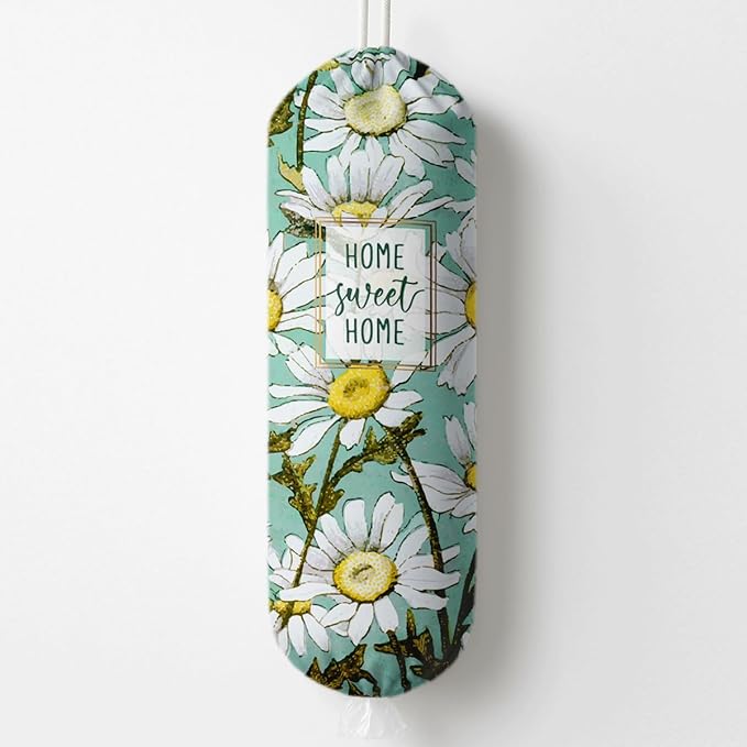 Daisy Plastic Bag Holder, Home Sweet Home Plastic Bag Holder, Bags Holders for Plastics Bags Groceries Store, Floral Reusable Grocery Sack Storage Dispenser for Kitchen Decor