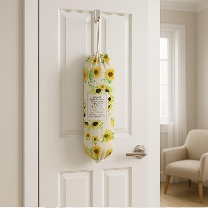 Plastic Bag Holder, Sunflowers Plastic Bag Holder with Bible Verse, Reusable Hanging Grocery Bags Organizer, Inspirational Religious Gifts for Women Friends and Family