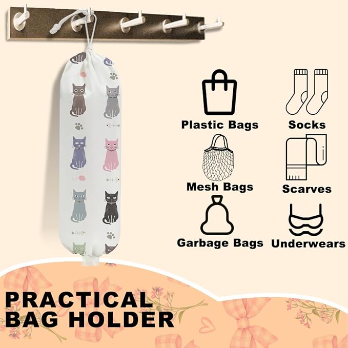 Cat Plastic Bag Holder, Wall Mount Grocery Bag Holder for Plastic Bags, Large Reusable Grocery Bags Organizer Storage Dispenser for Home Kitchen Pantry Decor, Cat Lover Gifts for Women