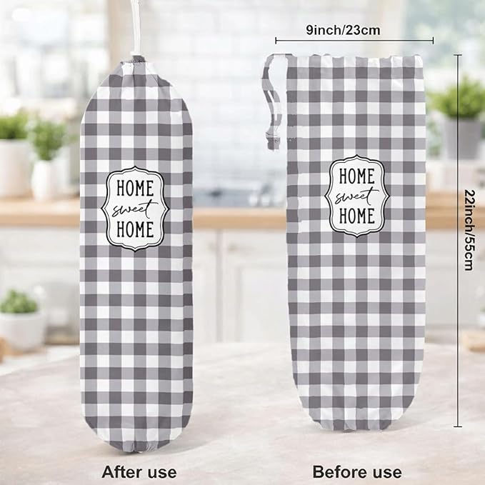 Plastic Bag Holder, Home Sweet Home Plastic Bag Holder for Kitchen Essentials, Gray and White Grid Bags Holders for Plastics Bags Groceries Store, Kitchen Gifts to Women Family Friends