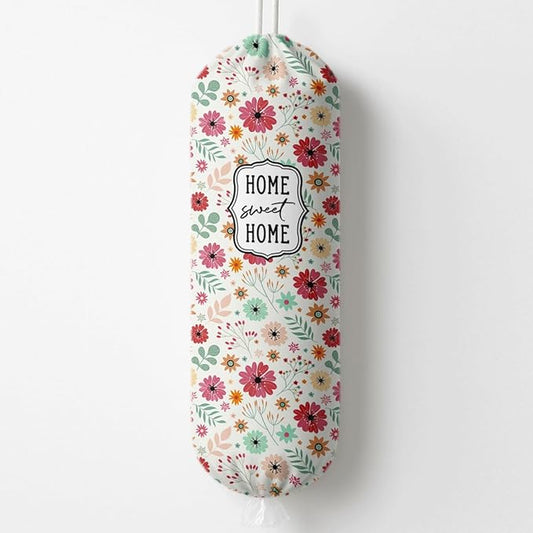 Plastic Bag Holder, Home Sweet Home Plastic Bag Holder for Kitchen Essentials, Bags Holders for Plastics Bags Groceries Store, Floral Reusable Grocery Sack Storage Dispenser to Kitchen Decor