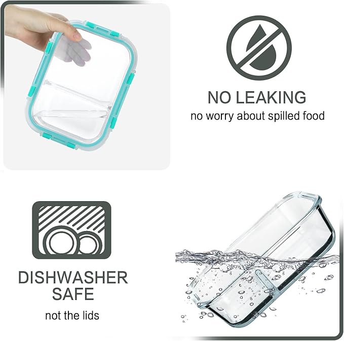 M MCIRCO 10-Pack,30 Oz Glass Meal Prep Containers 2 Compartments Airtight Lunch Bento Boxes with Lids, Glass Food Storage Containers, Microwave, Oven, Freezer and Dishwasher, Green