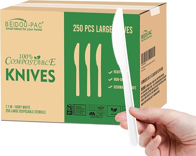 250 Count Compostable Disposable Non Plastic Knives, Large Heavy Duty Biodegradable Utensils, Eco Friendly Durable Sturdy Recyclable Knives Flatware Silverware for Party Wedding Daily Use