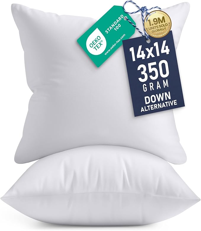 Utopia Bedding 14x14 Pillow Inserts, Set of 2, White – Indoor Decorative Throw Pillows for Bed, Sofa & Couch – Soft, Supportive & Fluffy Cushion Inserts