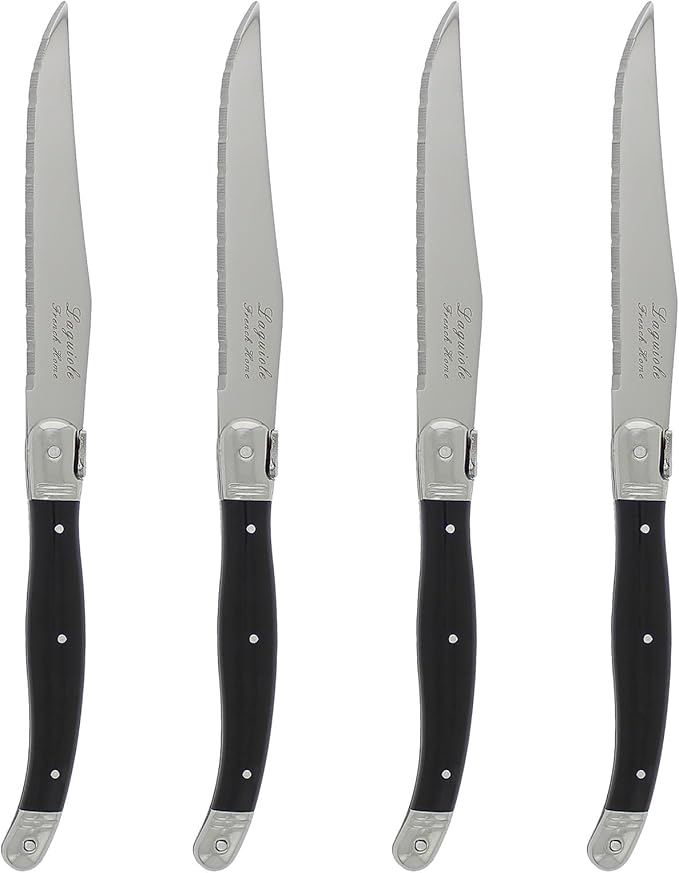 French Home Laguiole 4-Piece Steak Knife Set – Sophisticated Stainless Steel Dinner Knives with Black Handles & Iconic Bee Emblem – Serrated Knives for Smooth Cutting (9.25")