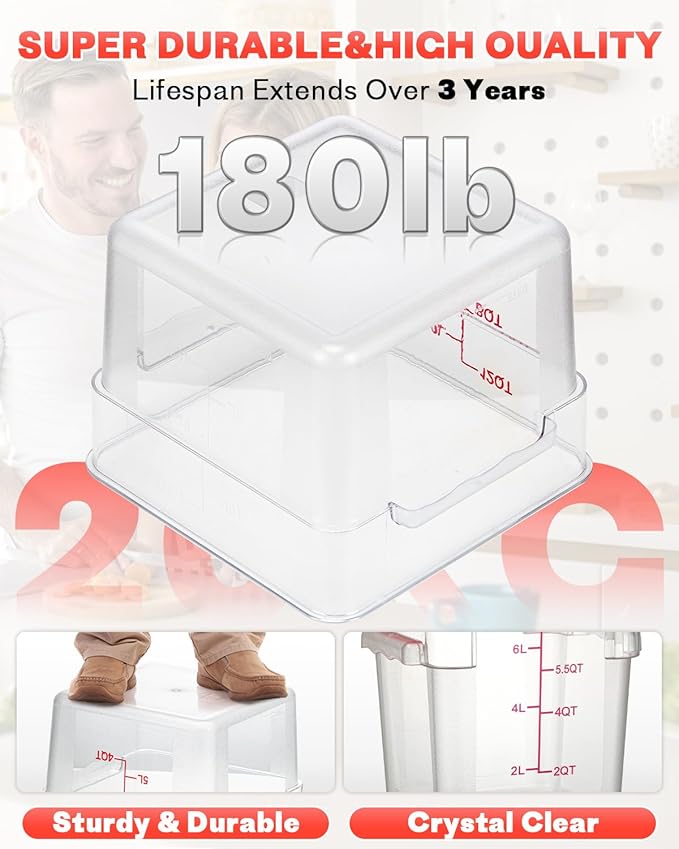 2QT4QT NSF Food Storage Containers: 6PCS [Food Grade][Hot&Cold Resistant] Commercial Clear Food Storage Containers with Lids for Restaurant Kitchen Proof Dough, Measuring Spoons Included(Red N)