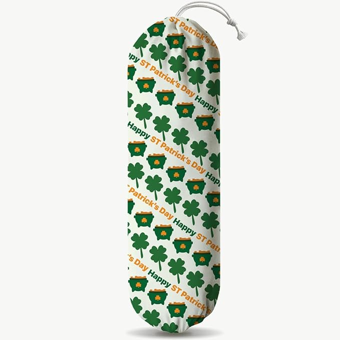 Plastic Bag Holder, Wall Mount Grocery Sack Organizer Dispenser, Washable Cotton-Linen Storage with Hanging Loop, St. Patrick’s Day Pot of Gold, Clover & "Happy St. Patrick's Day" Design for Kitchen
