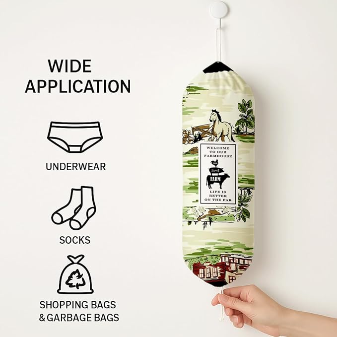 Farmhouse Plastic Bag Holder for Kitchen Essentials, Cartoon Animal Plastic Bags Holder, Reusable Hanging Trash Sack Dispenser, Wall Mount Plastics Sack Storage Container Dispenser